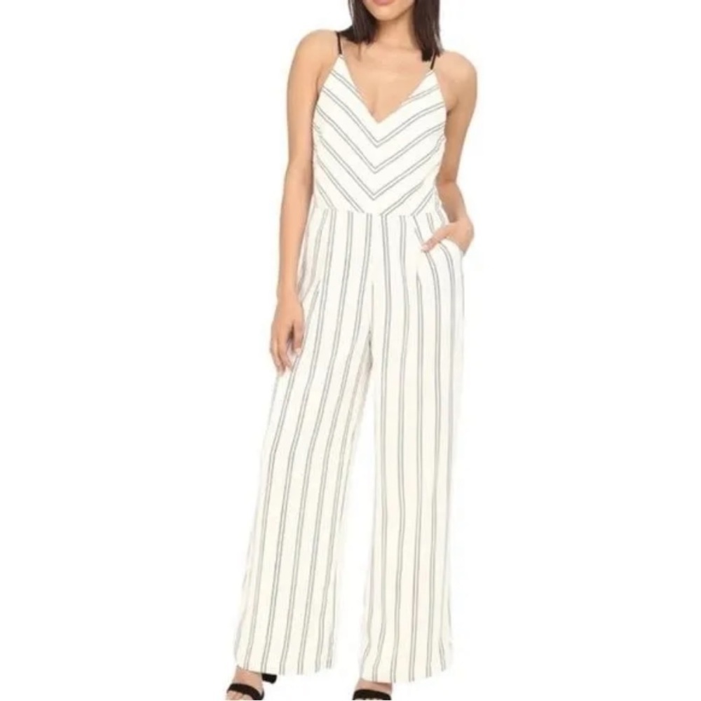 Adelyn Rae V-Neck Spaghetti Strap Cream w/Black Stripes Jumpsuit Romper- Large